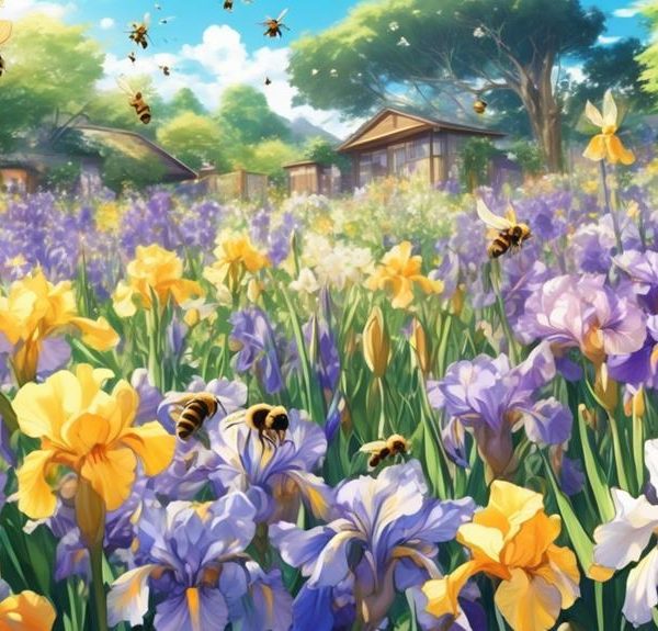 bees and iris flowers