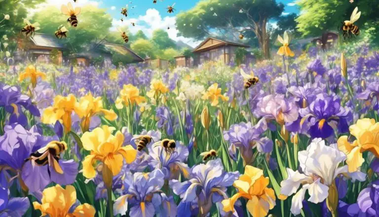 bees and iris flowers