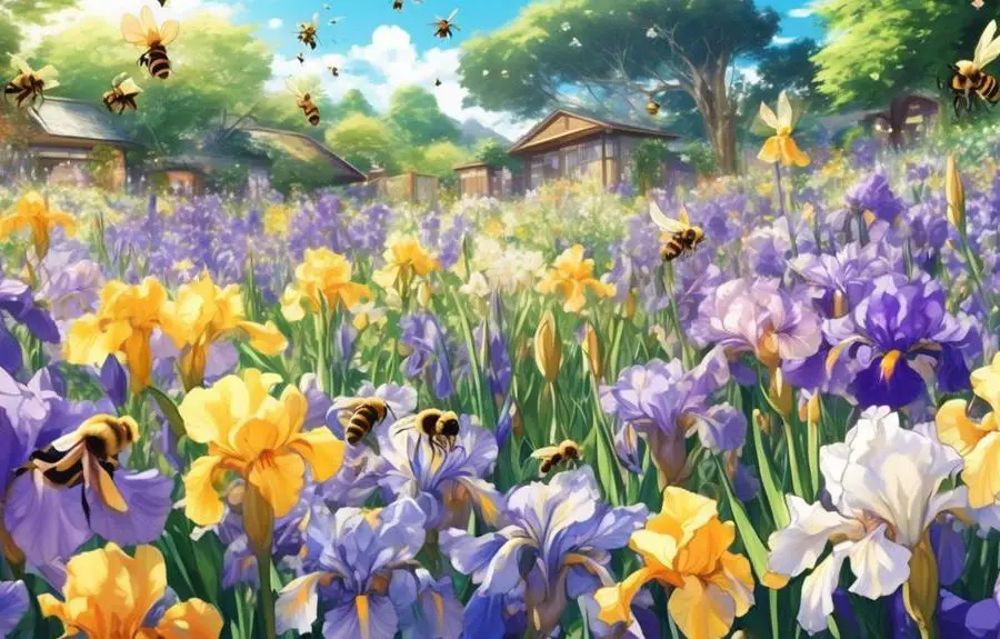 bees and iris flowers